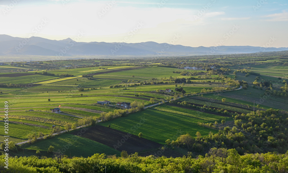 Fototapeta premium Fertile plains and agricultural land. Land for cultivation and production of vegetables. Fields and pastures in Kumanovo, North Macedonia.
