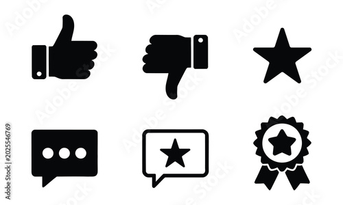 Six black social media and rating icons set