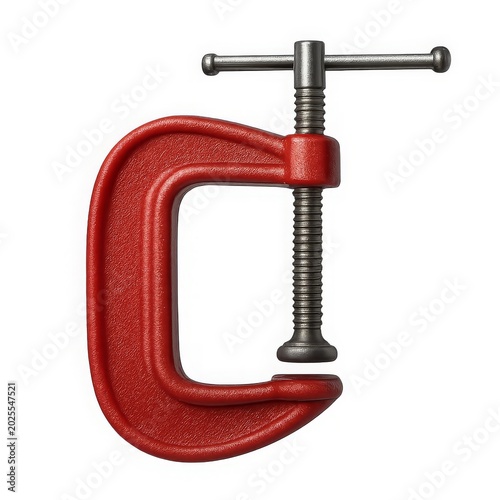 Red metal c-clamp with silver screw mechanism and handle isolated on white background.