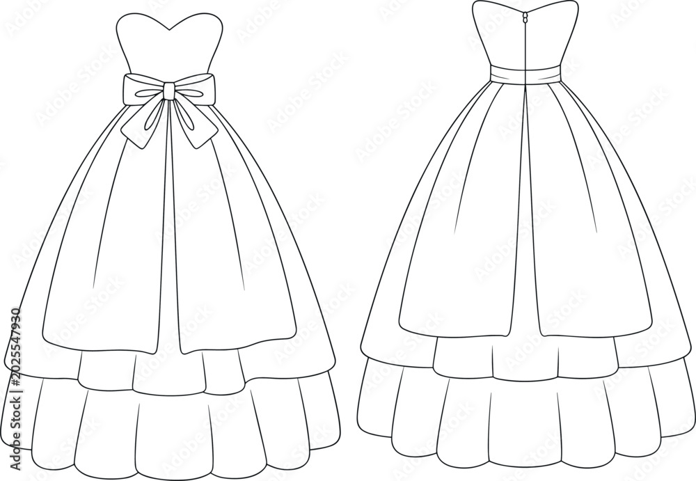 Fototapeta premium Vector flat sketch illustration of women strapless tiered ball gown wedding dress with sweetheart neckline and waist bow isolated on white background
