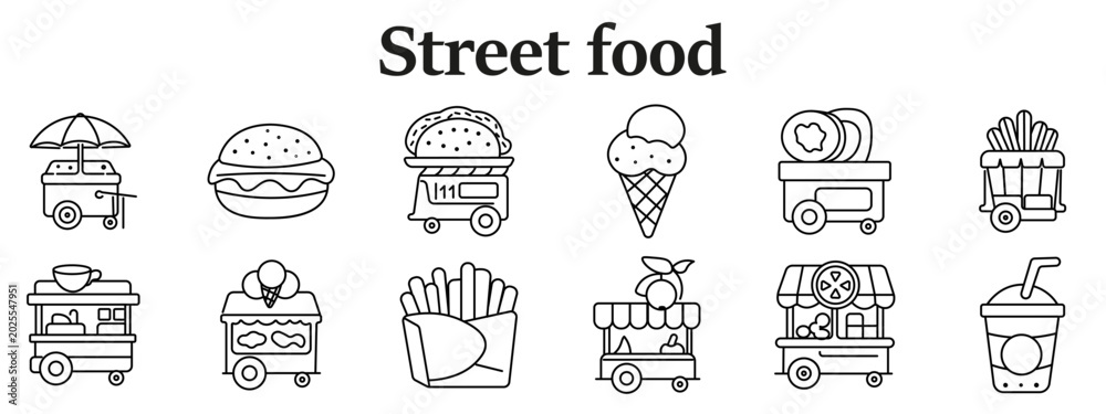 Fototapeta premium Street food vendor set icon. Umbrella cart, burger, taco cart, ice cream cone, snack, fries stand, coffee, dessert, pizza slice, hotdog, drink cup line style.