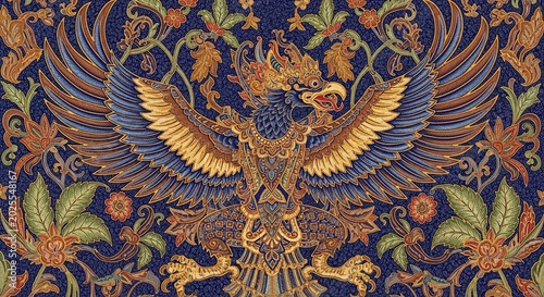 Garuda Pattern with Ornate Floral Elements on Dark Background