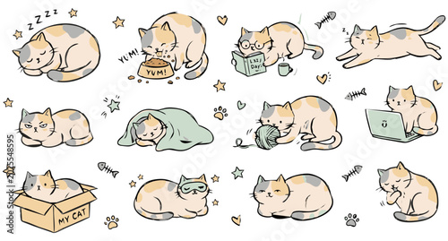 Schilderij op canvas Cute Lazy Cat Daily Activities Sticker Set, Kawaii Hand Drawn Calico and Tabby C