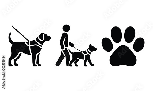 Guide dog walking with person and paw print icon set