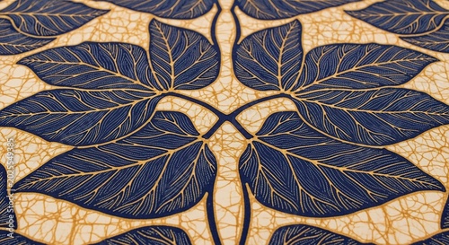 Leaf Pattern Textile with Navy Blue and Gold Floral Design