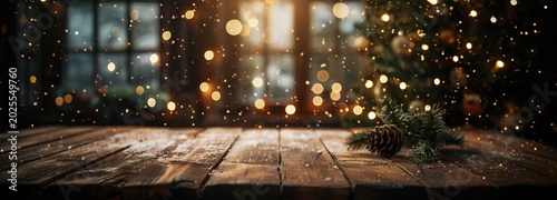 Cozy Christmas Eve Ambience: A rustic wooden table in a dimly lit room, adorned with a small pine tree and festive fairy lights, sets a warm and magical scene as snow gently falls outside the window.