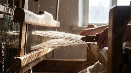 A person's hands expertly weave natural fabric on an old wooden loom under dusty sunlight.