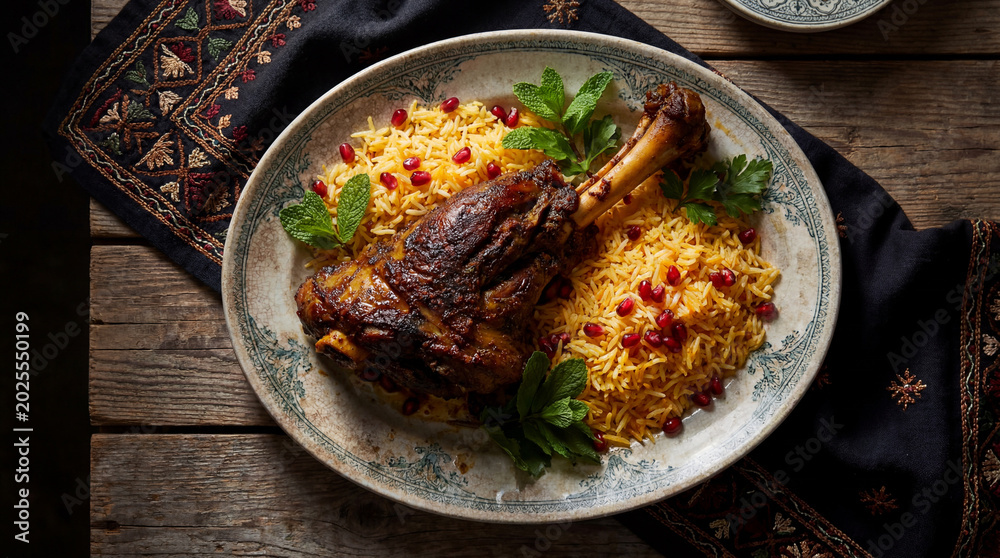 Fototapeta premium Overhead view of lamb shank and rice dish with pomegranate, oriental