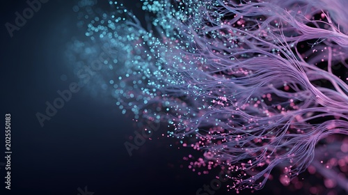 Vibrant pink and blue neural network with glowing particles on dark background