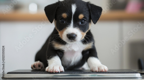 Cute Tricolor Puppy Portrait Looking at Camera on Indoor Table Adorable Pet Puppy Close-Up