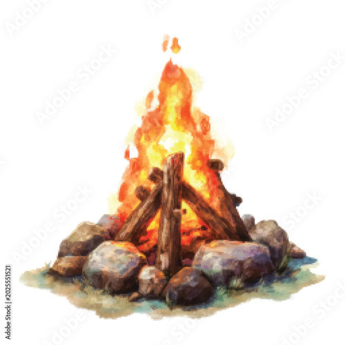 Tableau sur toile Burning Campfire with Wood and Rocks.