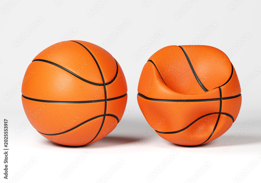 Fototapeta premium Perfect basketball next to a deflated basketball isolated on white background, contrast concept