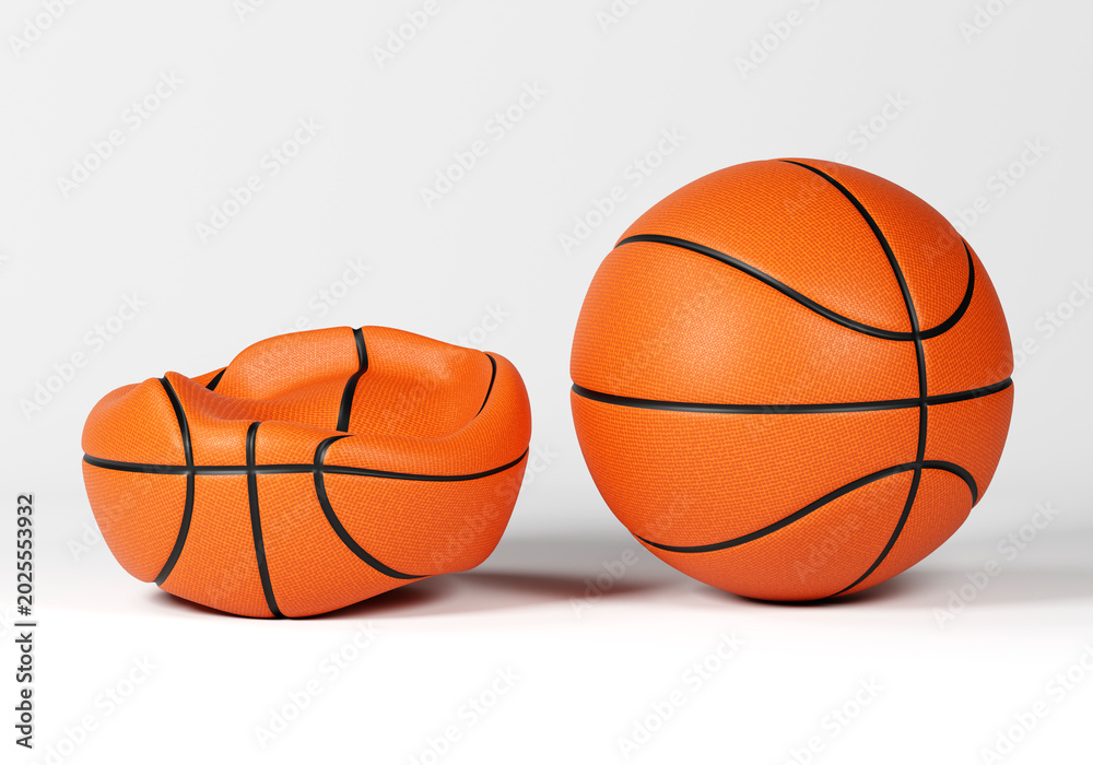 Fototapeta premium Perfect basketball next to a deflated basketball isolated on white background, contrast concept