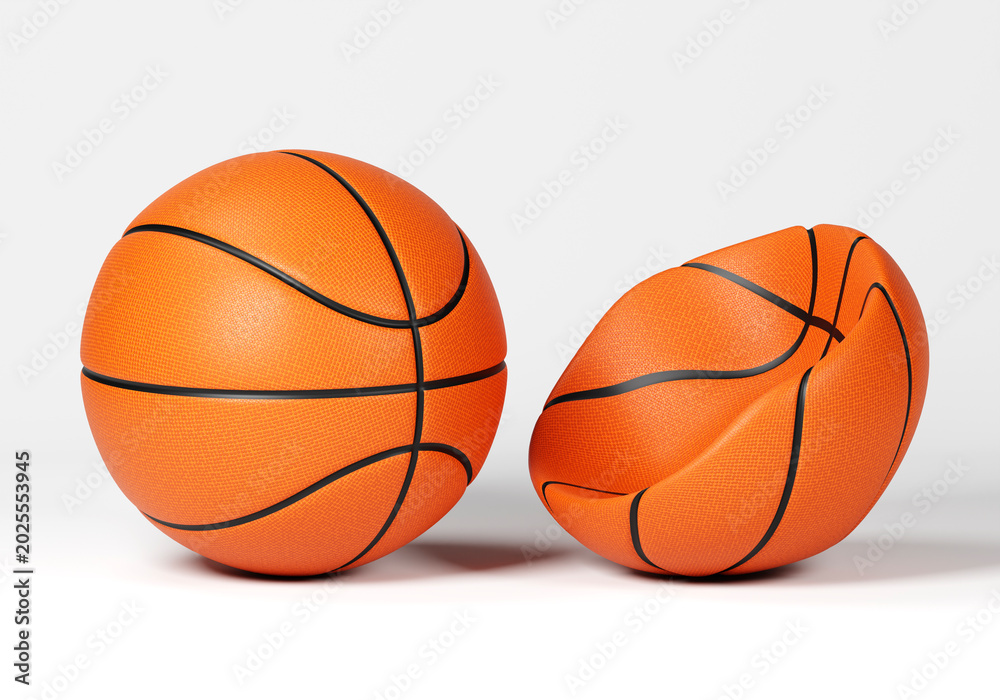 Obraz premium Perfect basketball next to a deflated basketball isolated on white background, contrast concept