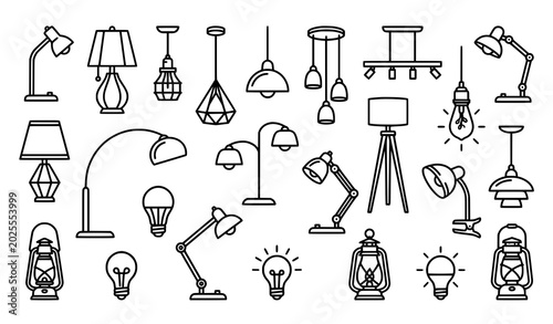 Valokuva Creative lamp outline vector icon set with minimalist lighting symbols