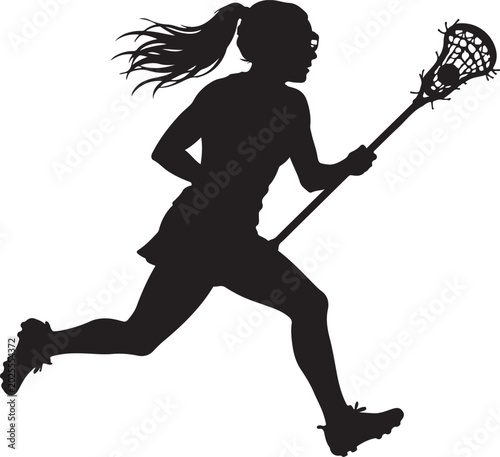 Silhouette of a young woman athlete running and holding a lacrosse stick during a competitive game