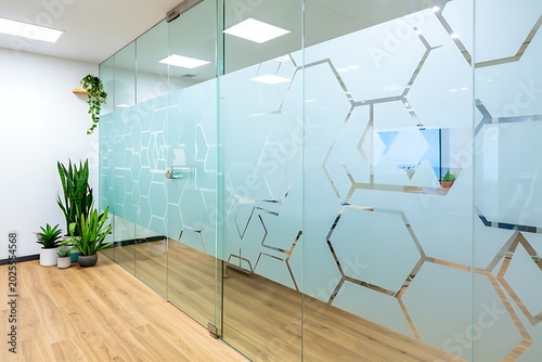 Modern frosted glass film with elegant dot pattern enhances office privacy, meeting rooms, and corporate interiors while maintaining natural light and contemporary decorative aesthetics.