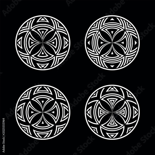 Set of Symmetrical Circle White Design Elements on Black Background. Abstract...