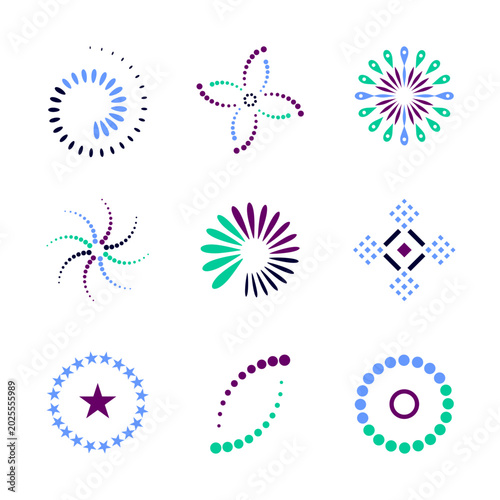 Set of Color Circle Dots Star and Spiral Design Elements. Abstract Icons.
