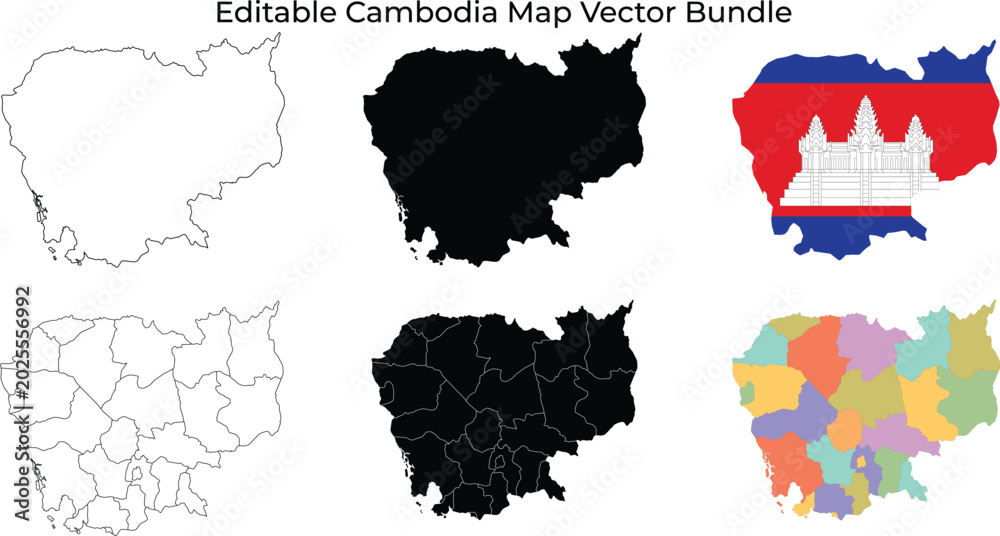 Fototapeta premium Cambodia map bundle: outline, silhouette, flag, provinces
