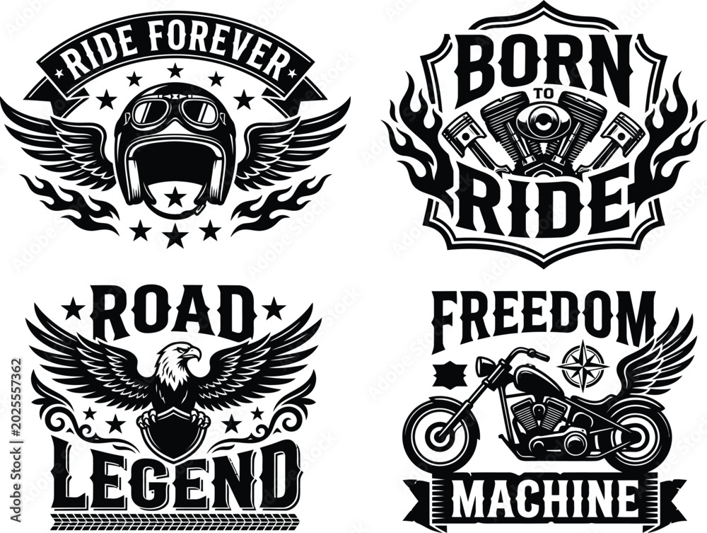 Fototapeta premium Group of monochrome vintage biker emblems featuring elaborate illustrations for specialized visual composition projects.