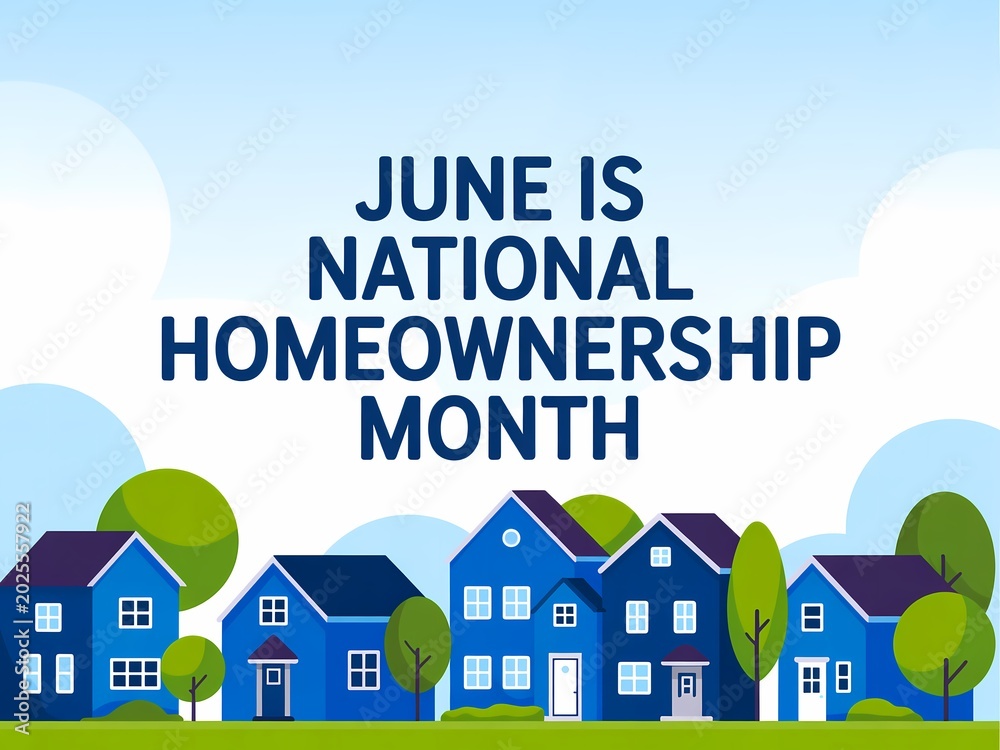 Fototapeta premium June is national homeownership month concept illustration with blue houses and trees