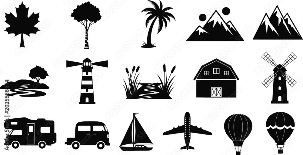 Naklejka premium Collection of silhouette icons featuring various landscapes and modes of transportation