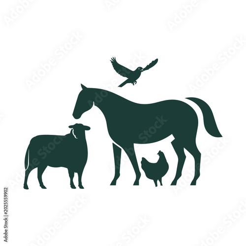 Canvas Print Farm animals silhouette collection including horse, sheep, chicken, and bird
