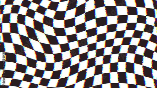 Dynamic Warped Black and White Checkered Grid Pattern Background with Retro Glitch Effect