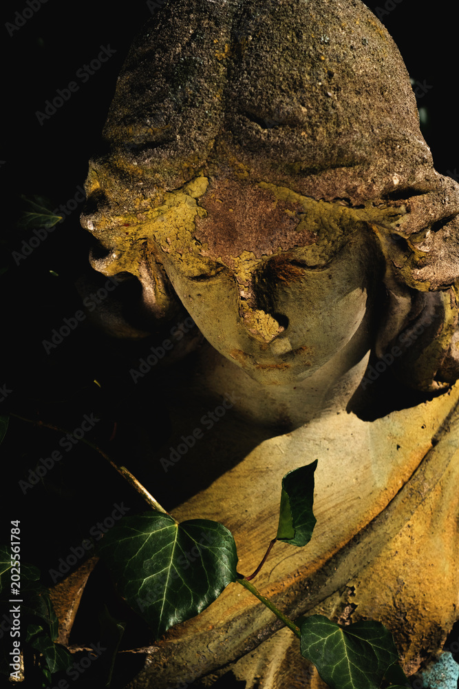Fototapeta premium Dark gothic angel statue illuminated by dramatic golden light, symbolic image of sorrow, death and spiritual silence