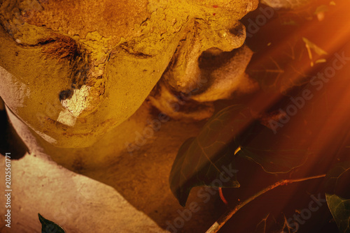 Canvas Print Dramatic close up of ancient angel statue in warm golden sunlight, symbolic imag