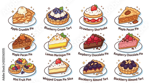 Photos A vibrant illustration showcasing a delightful assortment of twelve distinct dessert pies and tarts, each presented on a white plate