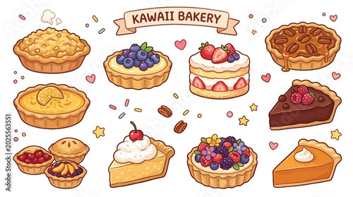 Konstfotografi A delightful collection of kawaii-style baked goods, featuring a variety of pies, tarts, and cakes adorned with fruits and whipped cream