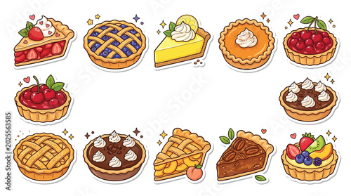 Fotografia A delightful collection of various sweet pies and tarts, including fruit, chocolate, and pumpkin varieties, presented in a charming, illustrative style