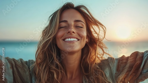 A smiling woman enjoys a serene moment at sunset by the sea, embodying joy and inner peace while enjoying the beauty of nature and connection to the environment.