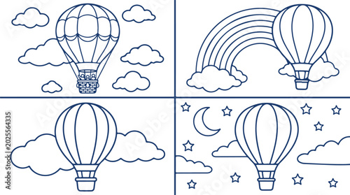 Tableau sur toile Hot air balloon in sky with clouds rainbow moon and stars line art