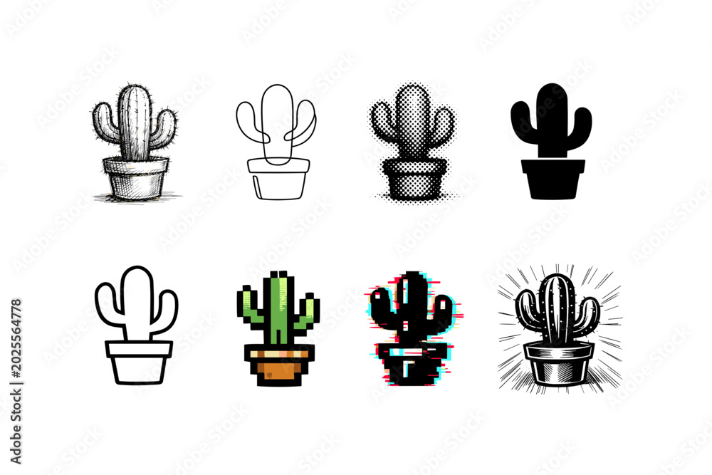 Fototapeta premium Collection of diverse cactus illustrations in pots, showcasing various artistic styles