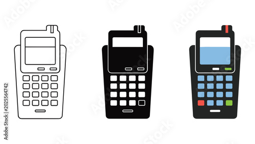 Fotografía Payment terminal icon set with card reader design in line art solid black and fl