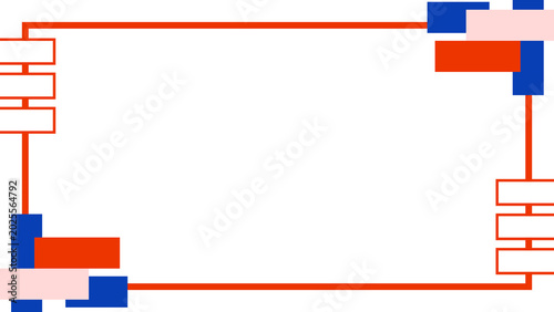 Vibrant geometric border design featuring abstract red, blue, and light pink rectangular elements, forming a contemporary decorative frame on a clean white background, suitable for graphic use