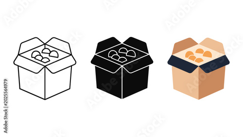 Open cardboard shipping box icons with contents inside in linear black silhouette and flat brown color vector styles for logistics and e-commerce platform design