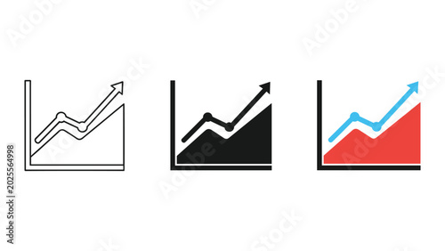 Growth chart trend icons showing rising success in linear black silhouette and flat red and blue color vector styles for business analytics and financial reporting