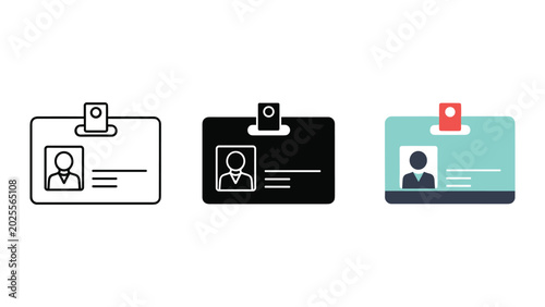 Identification badge icon set featuring three variations including outline black silhouette and blue colored design for corporate security and personnel identification concepts