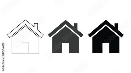 House building icon set with three variations including simple line art dark gray and solid black fill for real estate and construction design projects