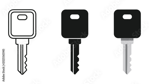 Car key icon set with three variations including simple outline black silhouette and metallic gray finish for automotive and security concepts isolated on white background