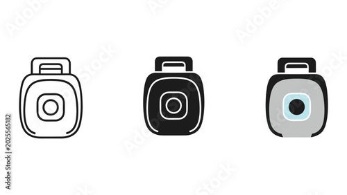 Webcam icon set featuring three variations including simple outline black silhouette and modern colored design for video conferencing and digital communication concepts