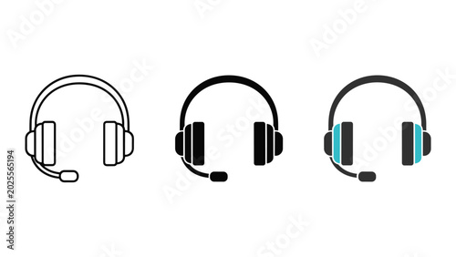 Professional customer support headset icon set featuring three variations of communication gear with microphone for call center help desk and online chat services isolated on plain white background