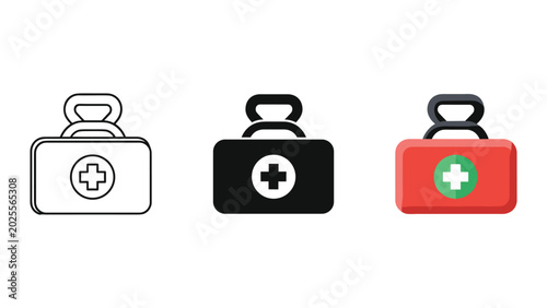 First aid medical kit icon set featuring emergency health care bag with cross symbol in outline solid and red color variations for safety and clinic branding assets isolated on white background