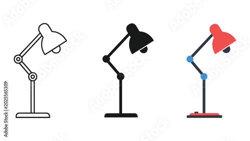 Desk lamp icon set featuring adjustable office lighting fixture with articulated arm in outline solid and modern color variations for interior design or workspace productivity apps isolated white