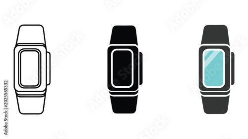 Smart watch icon set featuring wearable digital technology device with screen in outline solid and blue display styles for fitness tracking and mobile application ui design isolated on white