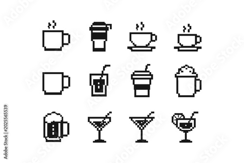 Collection of pixel art icons representing various beverages and drinks